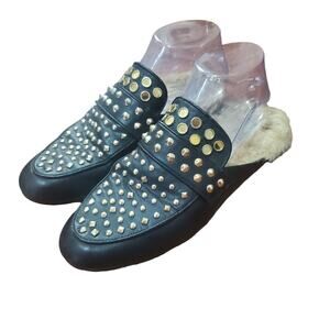 Steve Madden Jordan Studded Black Fur Lined Mule Flats Women's Size 8 Leather